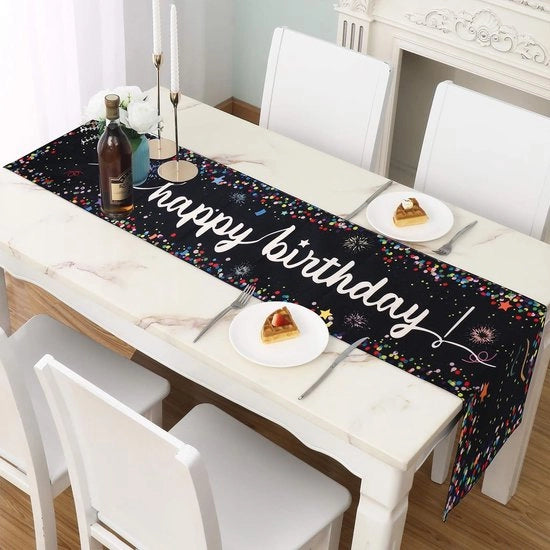 Banniere per Tavolo in Lino - Banniere di Compleanno per Tavolo - Resistente alle Scalfitture - Forma Quadrata - Dimensioni 180 x 33 cm - Sostenibile e Resistente - Tavolo Coperto