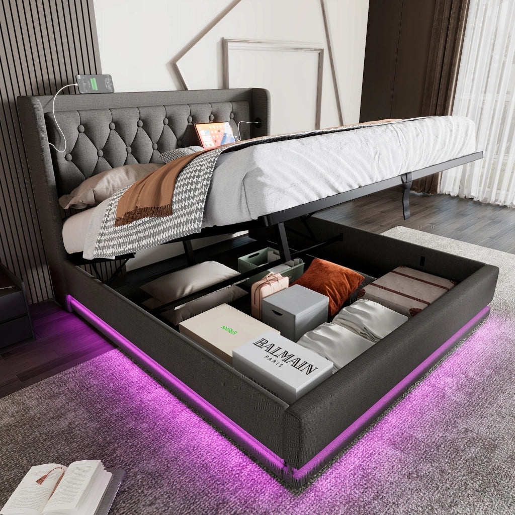 Letto imbottito 160x200 - Xylo - Grigio, meccanismo idraulico