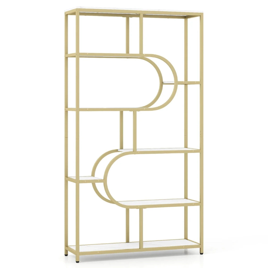 Libreria a 8 ripiani 95 x 30 x 175 cm dal design moderno a U per soggiorno e ufficio in metallo bianco e oro 20_0017048