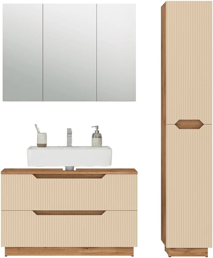 Set di mobili da bagno Lotta, Rovere/cashmere a righe, 3 parti