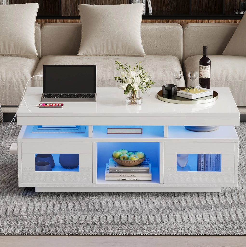 Tavolino da caffè bianco lucido 100 x 50 x 43 cm con LED, presa e USB