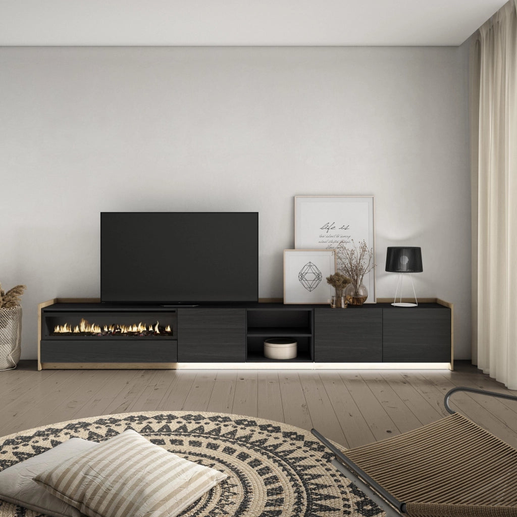 Mobile TV Soggiorno, 310x50x37 cm, Per TV fino a 80", Camino elettrico, LED, Nero e rovere