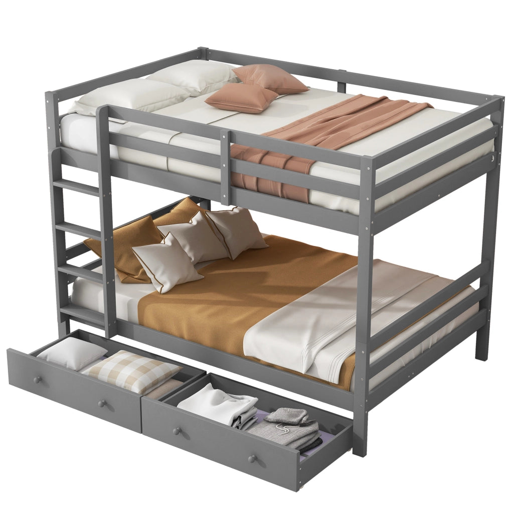 Letto a castello in legno di pino e MDF 140x200 cm grigio con cassetti e scala