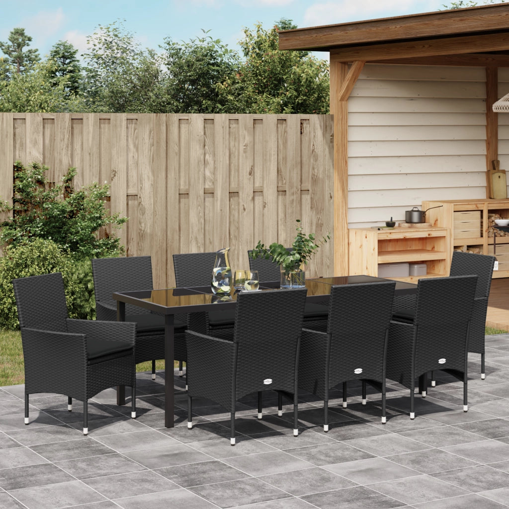 Set da Pranzo per Giardino 9 Pezzi con Cuscini Polyrattan Nero