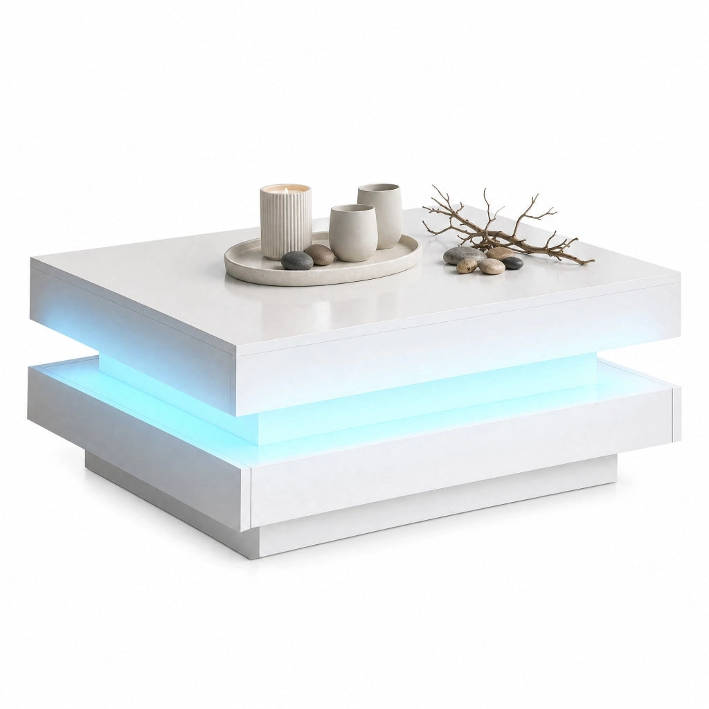 Tavolino da caffè quadrato 70x70x36 cm bianco lucido con LED Bluetooth e USB