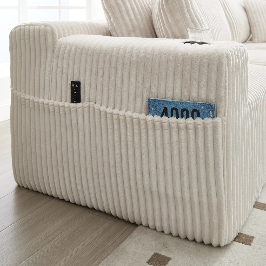 Divano modulare in velluto a coste beige con chaise longue