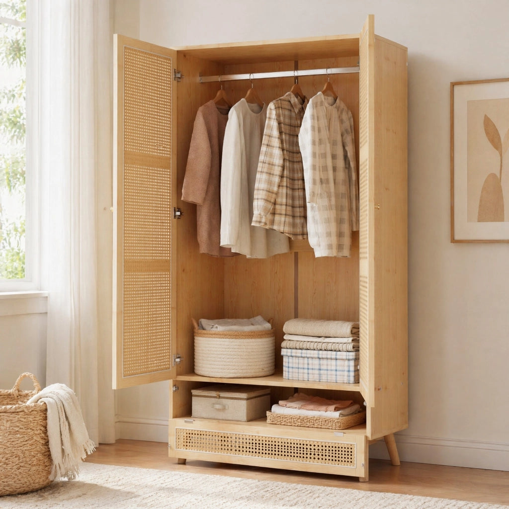 Armadio 2 ante 90x45x183 cm con appendiabiti e vano inferiore in rattan PE naturale HOMVRA