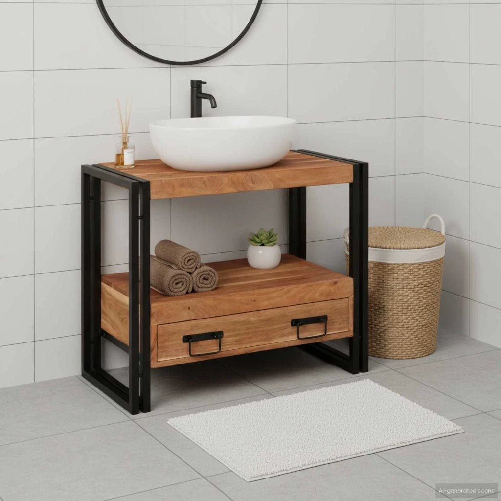 Armadio da bagno con cassetto Marrone Legno di Acacia Massello 4102770