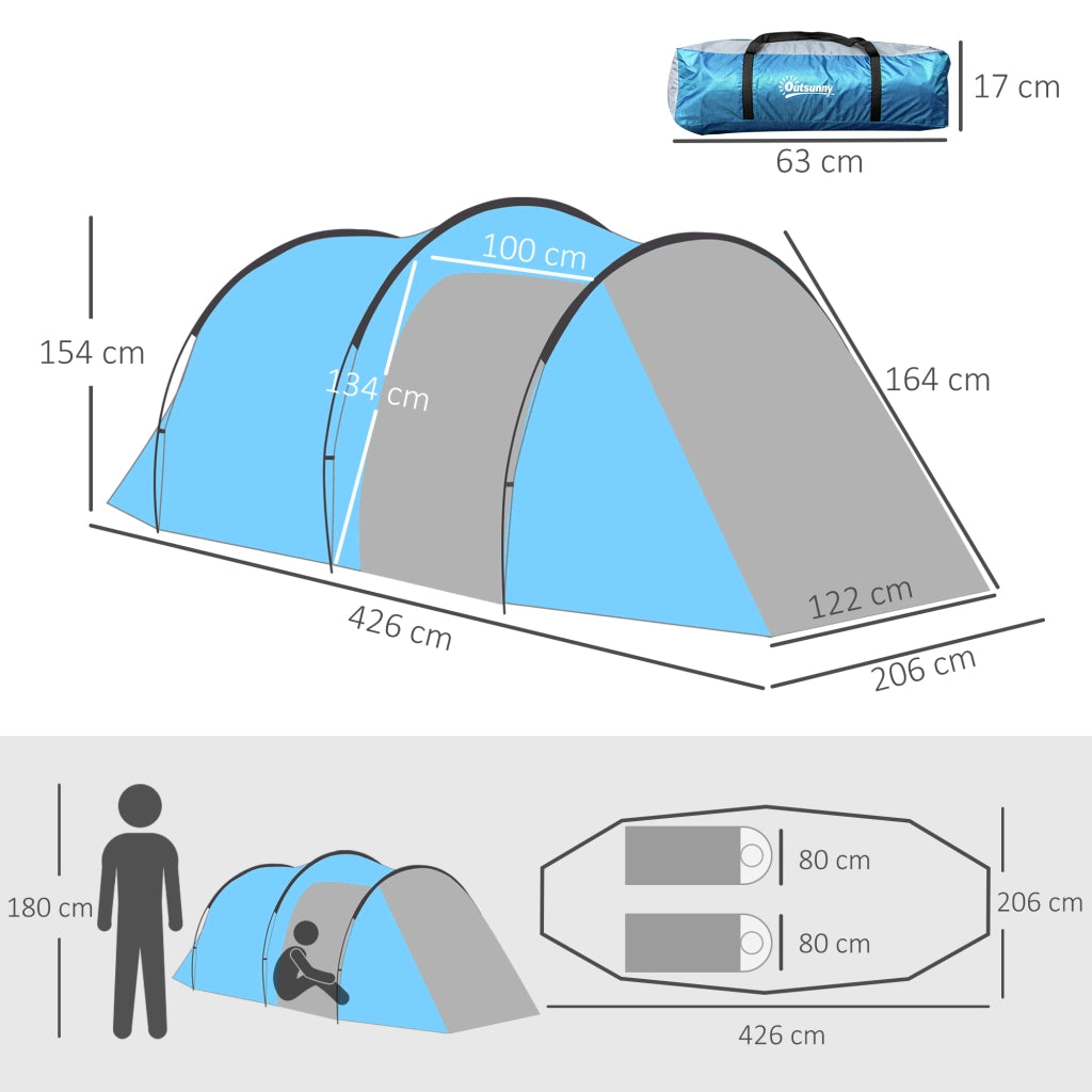 Tenda da campeggio tunnel per 2-3 persone con veranda; 426x206x154 cm; azzurro