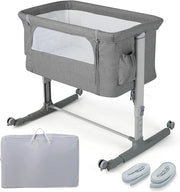 3 in 1 Lettino con Materasso Laterale Regolabile in 5 livelli, Culla per Neonato da Viaggio Mobile su Ruote con Tasca e Borsa per Trasporto (grigio chiaro)