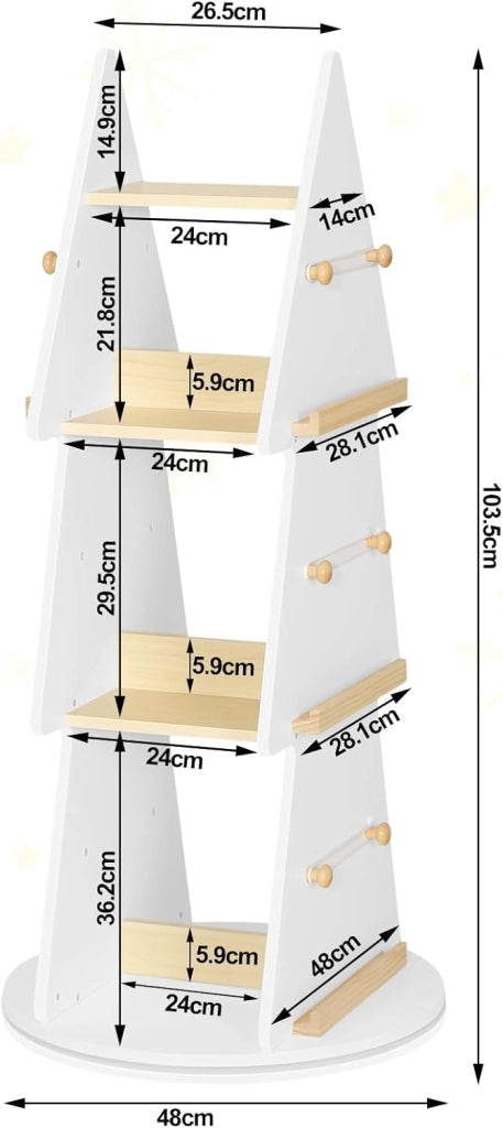 Libreria per Bambini, Libreria Rotante a 4 Ripiani, Porta Libri per Bambini ad Albero, Libreria Girevole per Cameretta, Nido Asilo, Scaffale Bianco, in Legno, Ø48x103,5cm