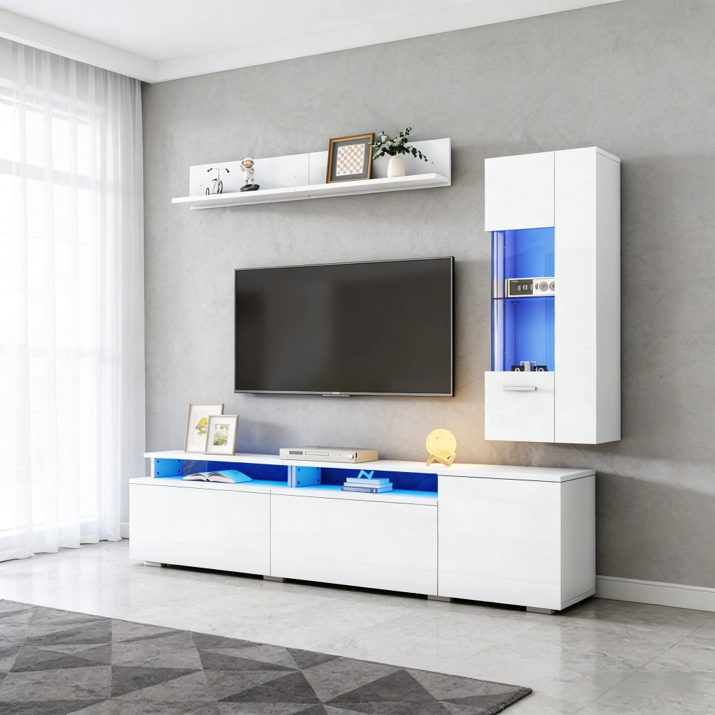 Mobile TV Soggiorno Set 3 pz con LED ¨C MINIMAL ¨C Bianco Lucido