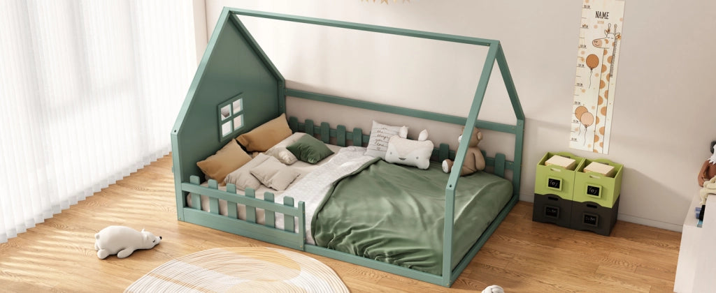 DESMIU Letto per Bambini Letto a Casetta 140 × 200 cm 2 Posti con Sponde, Senza Materasso, in Pino e MDF, Verde