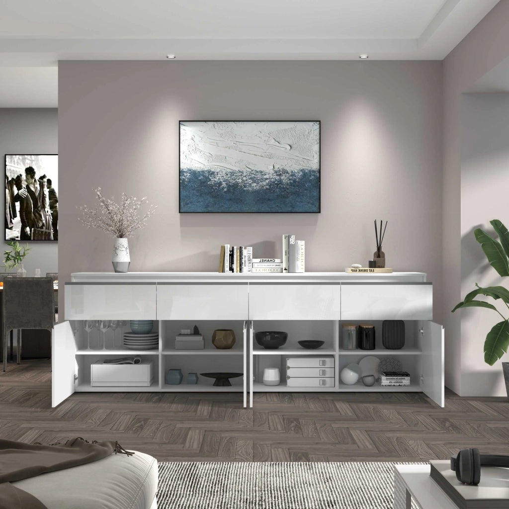 WHOUS Credenza a cassettiera Magic 4 ante e 4 cassetti bianco lucido 240x40x80 cm