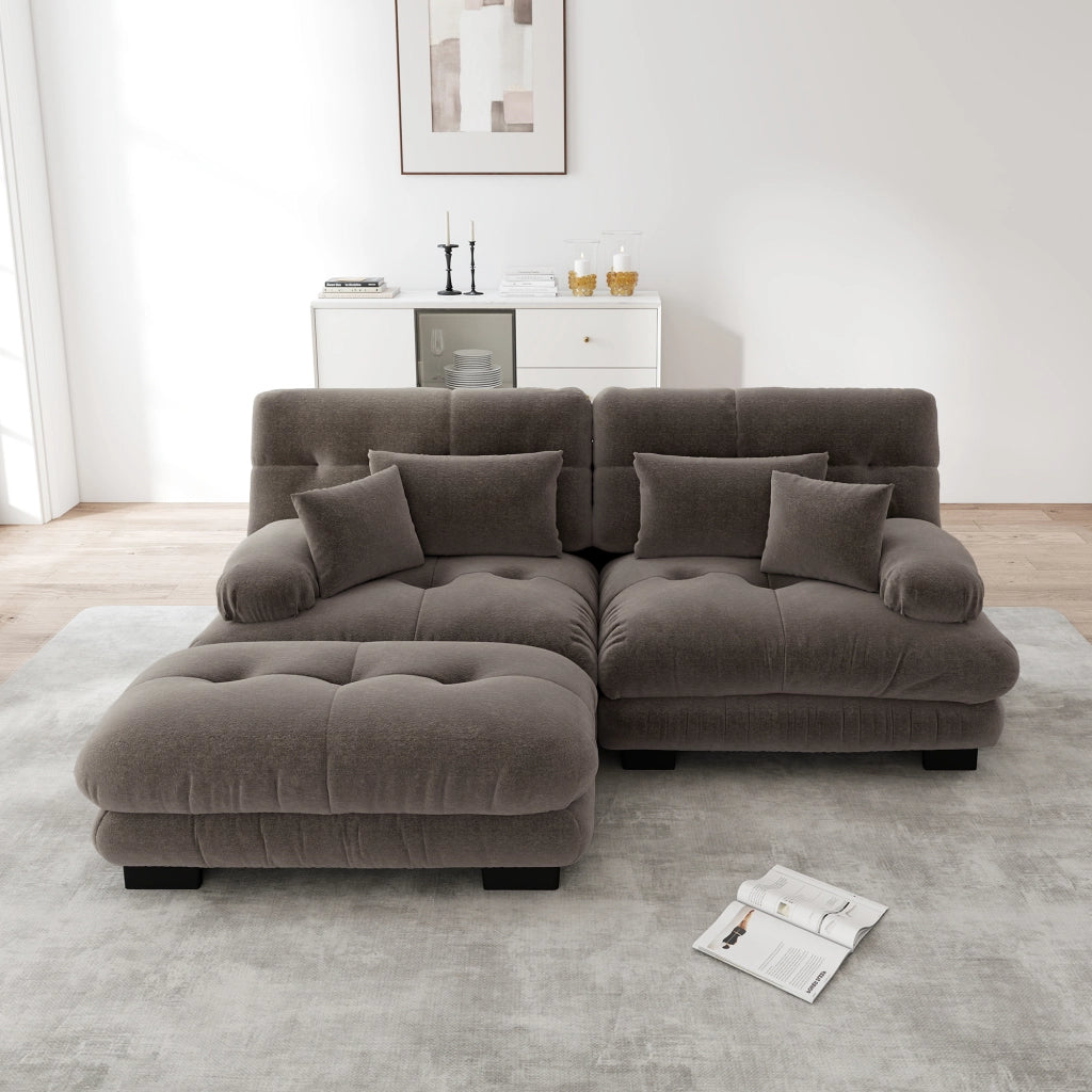 Canapé modulaire in chenille con cuscini lombari e pouf, seduta profonda e braccioli morbidi marrone 220 × 145 × 81 cm