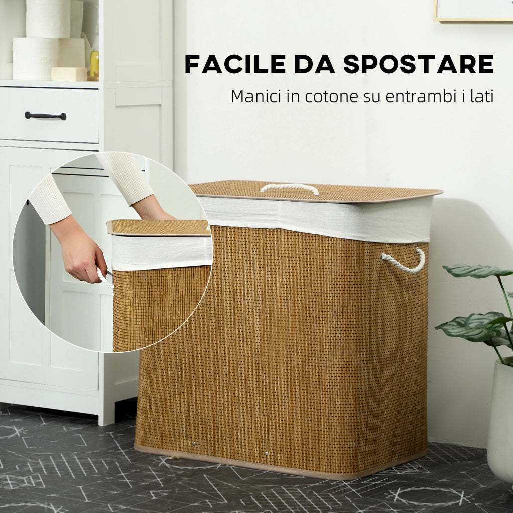 Cesto Portabiancheria 60x40x60 cm con Coperchio 3 Scomparti 144L con Sacca Removibile e Lavabile in Bambù Marrone