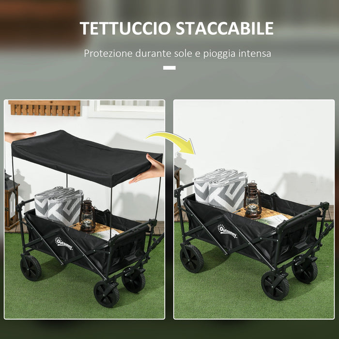 Carrello da Giardino 110L con Maniglia Telescopica e Tettuccio in Acciaio e Tessuto Oxford Nero