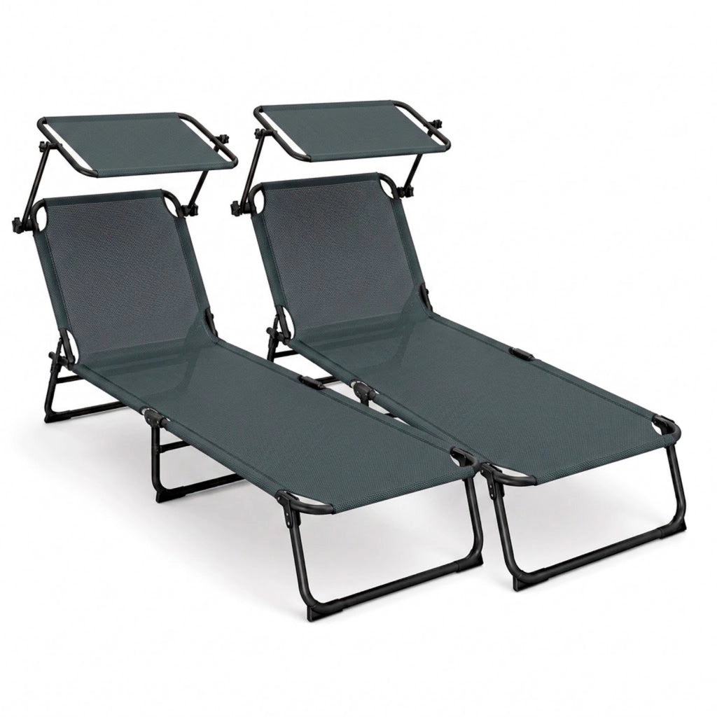 Set 2 Lettini Mare Pieghevoli Con Tettuccio Parasole Regolabile Schienale Reclinabile Sdraio Struttura In Acciaio Traspirante Ideali Per Spiaggia Giardino Campeggio Relax Estivo 24 x 187 x 53 Cm Grigio Scuro