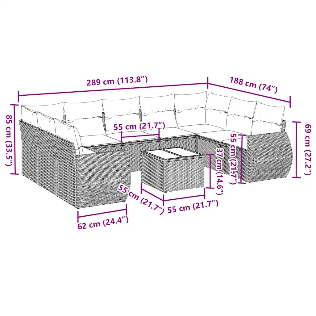 Set Divano Giardino 10 pz con Cuscini Grigio Chiaro Polyrattan