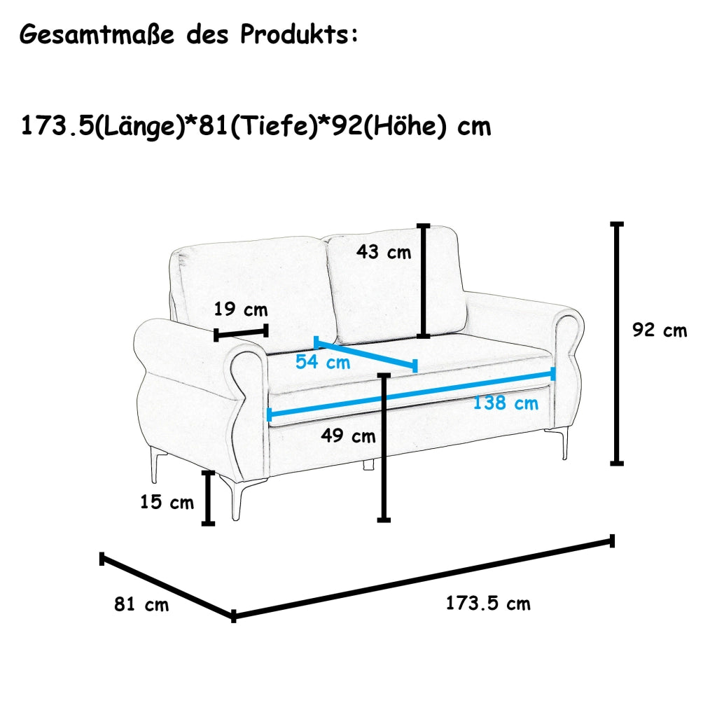 Divano lineare con struttura in metallo e legno, seduta ergonomica, rivestimento sfoderabile, 173,5 cm, grigio scuro