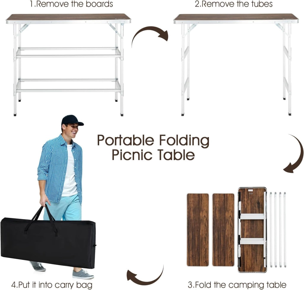 Tavolo Pieghevole con Borsa da Trasporto, Tavolo da Picnic con 3 Livelli di Stoccaggio, Tavolo da Giardino in Alluminio, Tavolino per Picnic, Barbecue, Feste (Venatura del Legno)