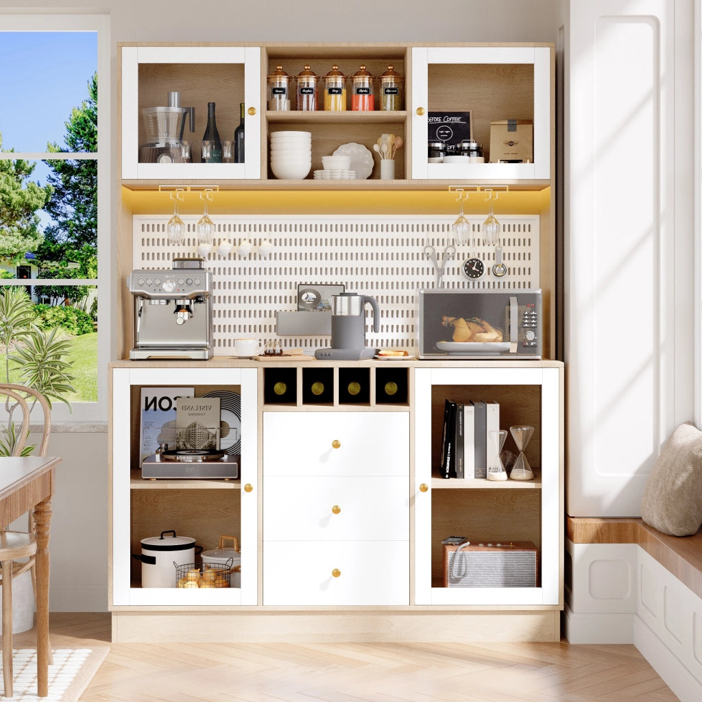 Colonna da cucina con LED, porta calici e ripiani regolabili, MDF e vetro, bianco 140 × 40 × 185,7 cm