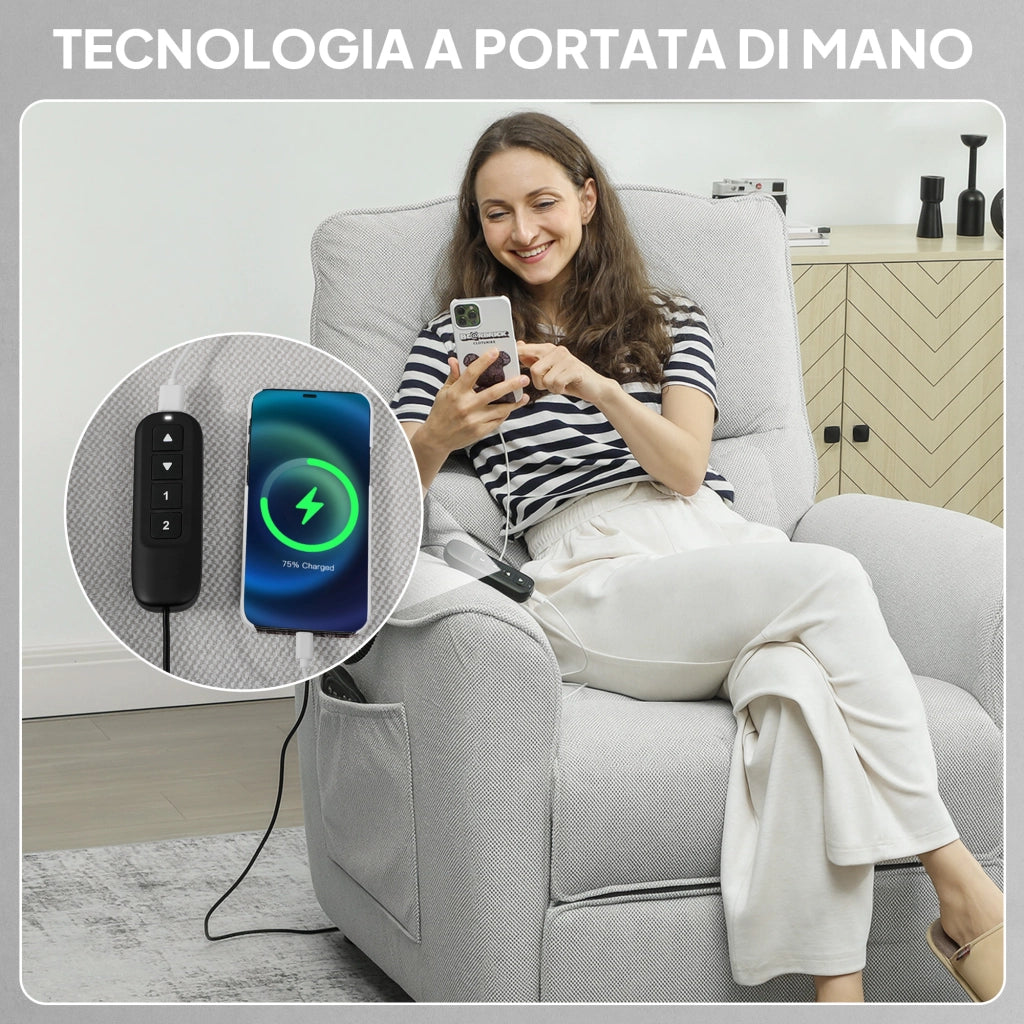 Poltrona Reclinabile con Riscaldamento 8 Punti Massaggio e 5 Modalità 88x93x102 cm in Tessuto Ciniglia Grigio Chiaro