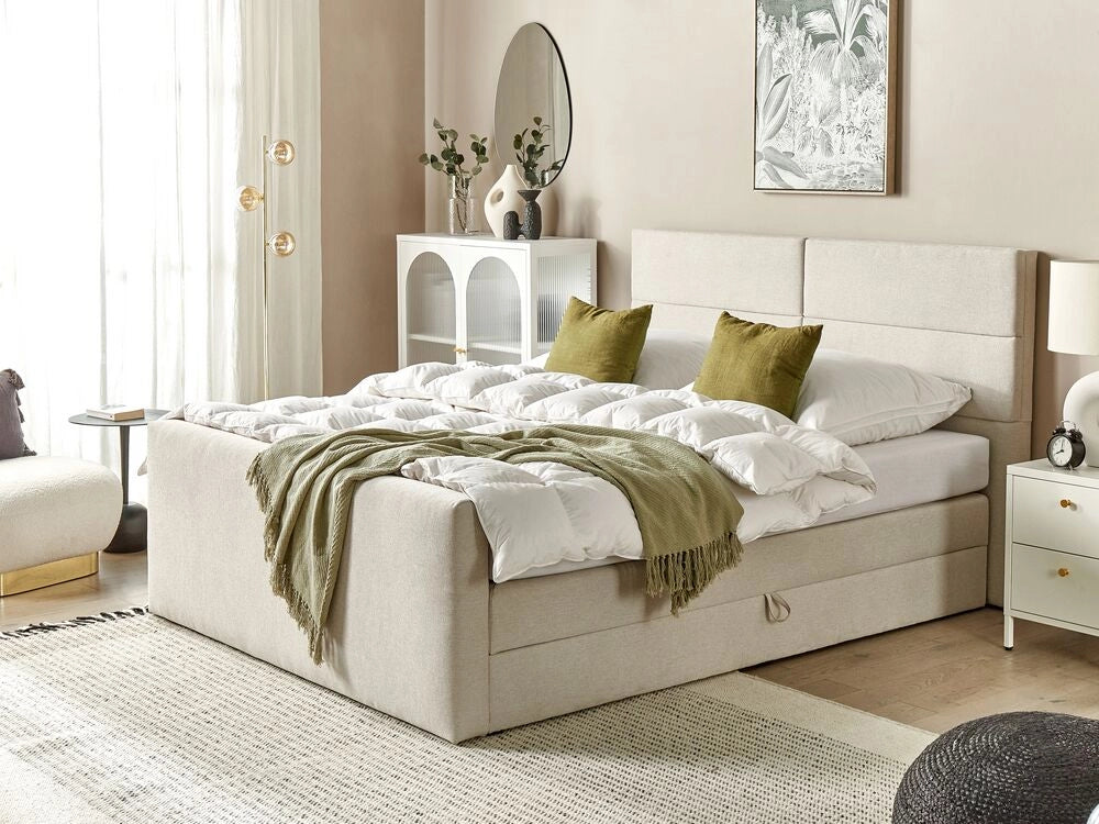 Letto king size UE con contenitore 160 x 200 Tappezzato beige con materasso a molle Bonell