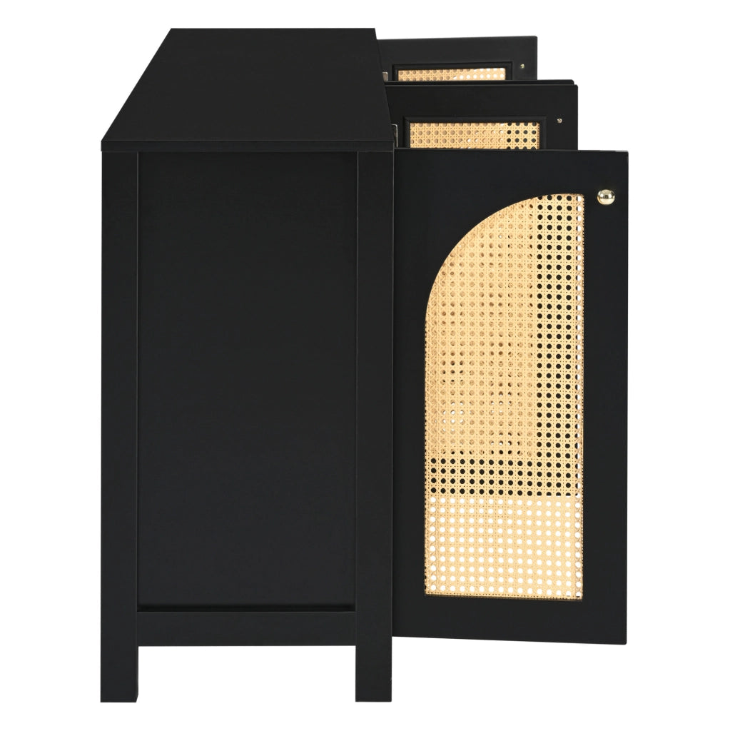 Credenza a 4 ante in MDF e rattan PE; nera