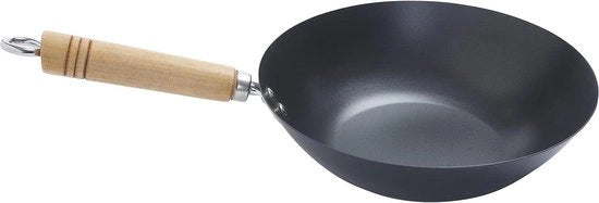 Wok in Acciaio di Carbonio con Superficie Antiaderente - 31cm di Diametro - Wok Tradizionale Cinese - Wok per Frittura ad Alta Temperatura - Base Piana per Maggior Balzo - Sicuro per Induzione