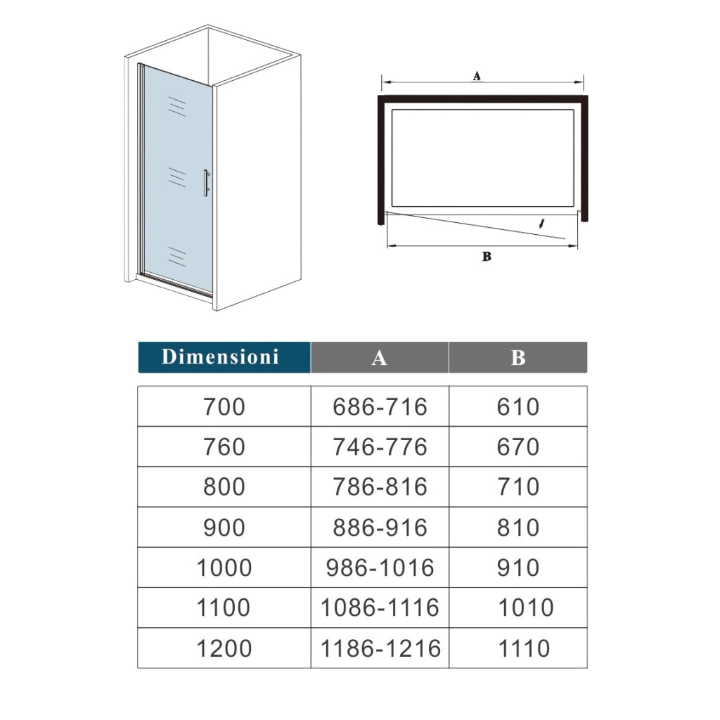 70x195cm Porta Doccia Battente in Vetro Temperato Satinato 6 mm Anticalcare (montaggio verso irreversibile)