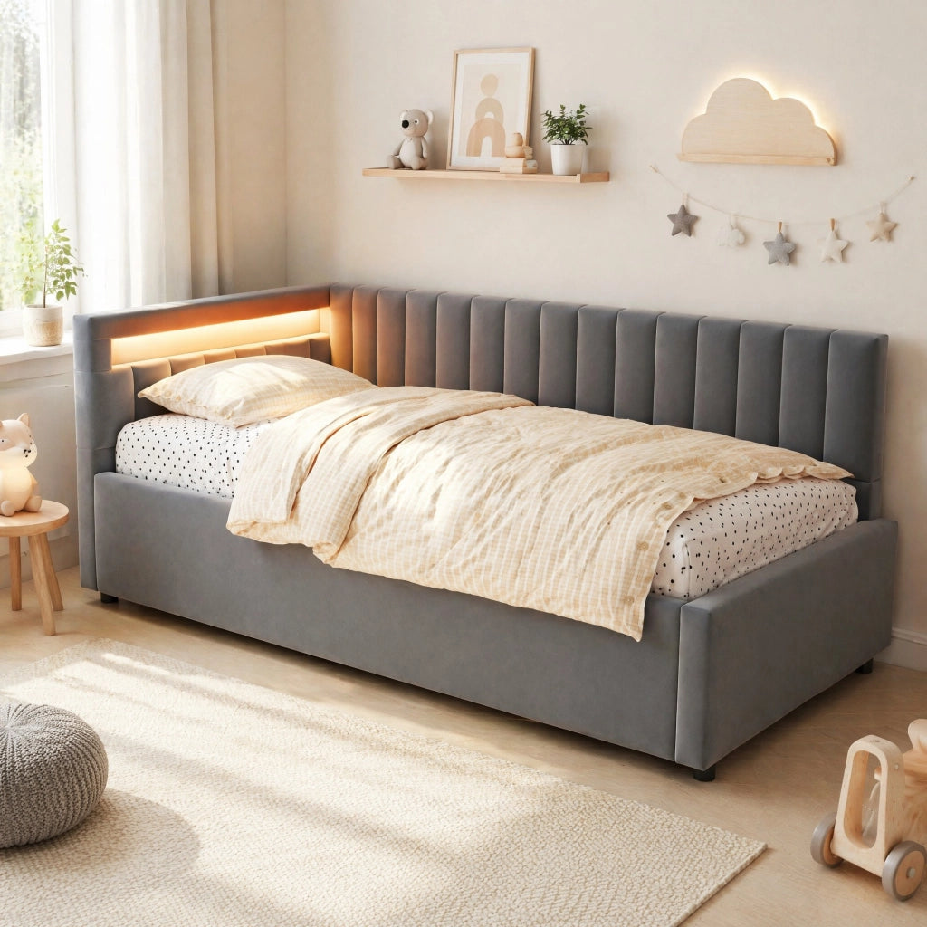 Letto imbottito 90x200 con LED, vano contenitore e rete a doghe