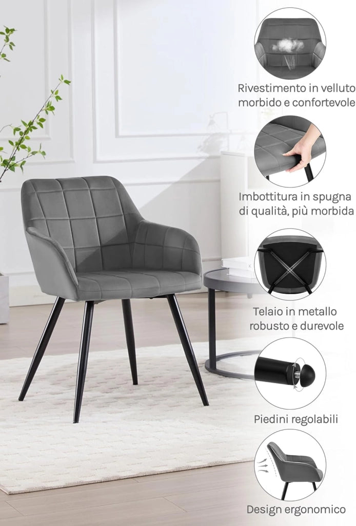 Sedia per Sala da Pranzo Imbottita, Poltroncina in Velluto,Sedia da Cucina con Braccioli e Schienale, Gambe in Metallo, moderne,Grigio Scuro, BH93dgr-1