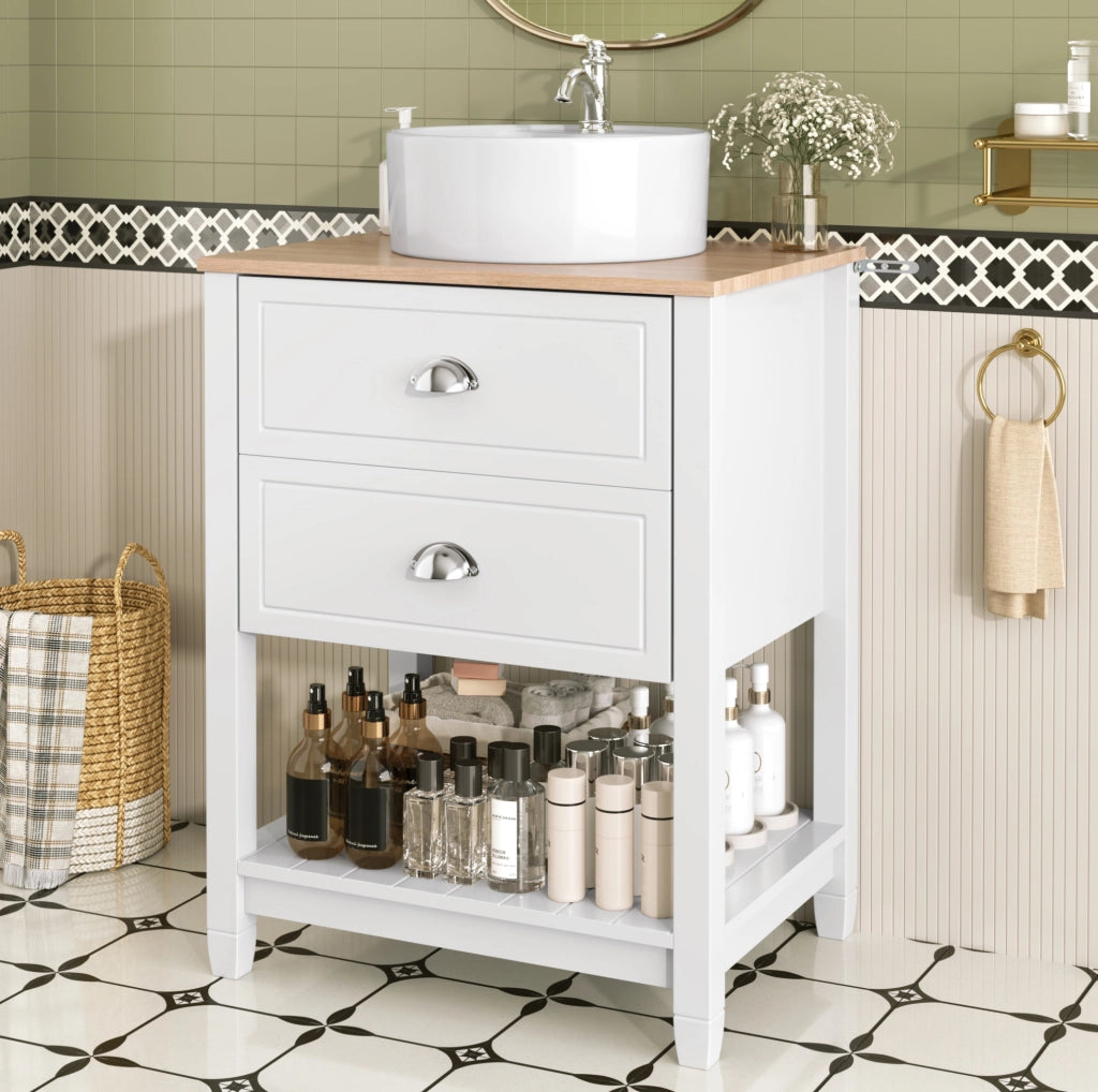 Mobile bagno freestanding con lavandino in ceramica rotondo; 60x45x91 cm; bianco e naturale