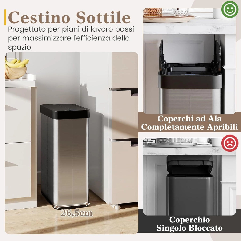 60L Cestino per Rifiuti con Coperchi a Ali, Pattumiera in Acciaio Inox Spazzolato con Sensore di Movimento a Infrarossi, Bidone Automatico per Camera da Letto, Bagno e Cucina (Argento)