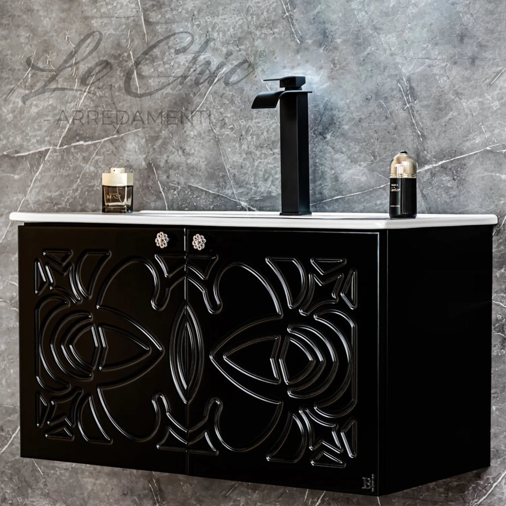 Mobile bagno nero sospeso stile Luxury con colonna - 120 cm, Rettangolare con applique