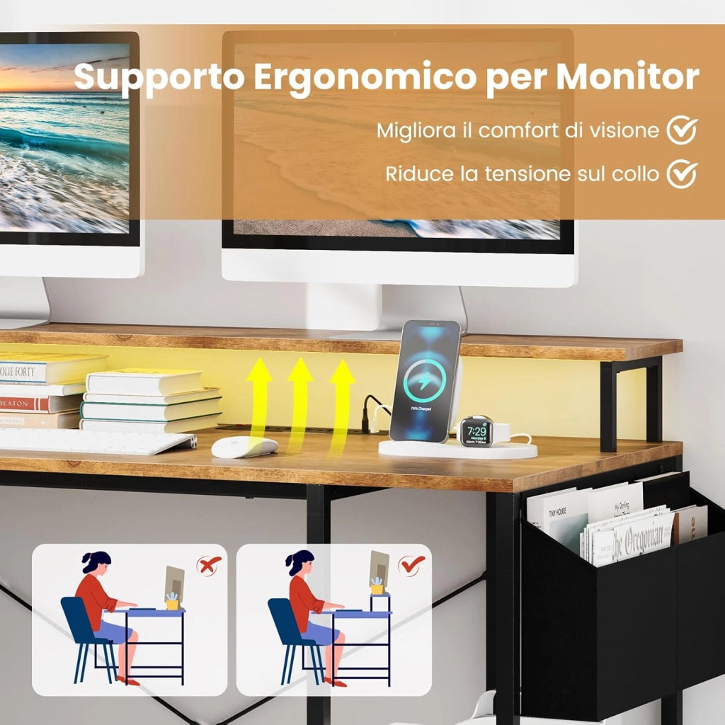 Scrivania Angolare da Gaming, Scrivania Salvaspazio a Forma di L con Luci LED, Stazione di Ricarica, Ripiani e Supporto per Monitor, Scrivania ad Angolo per Casa e Ufficio (Marrone)