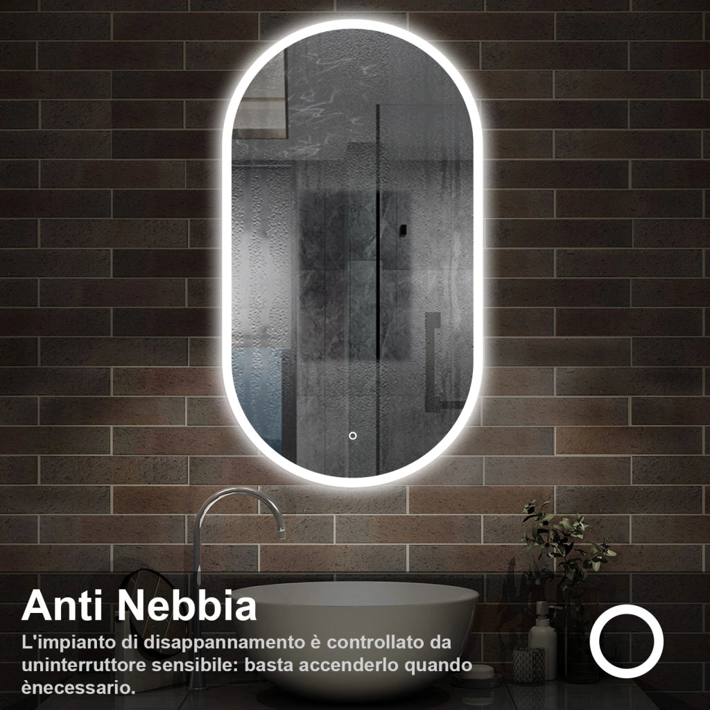 specchio rettangolare 50x90 cm con luce led antiappannamento e touch