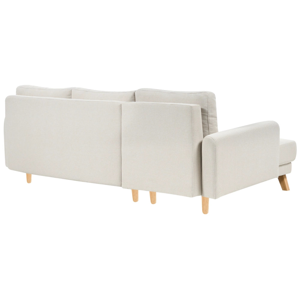 Divano angolare 3 posti destro imbottito in tessuto beige con funzione di dormiente e schienale imbottito estraibile Gambe in legno