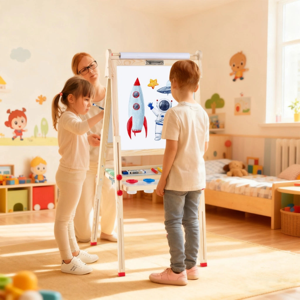 Cavalletto artistico in legno per bambini 3 in 1 pieghevole doppia faccia magnetico, Cavalletto tavolozza in legno