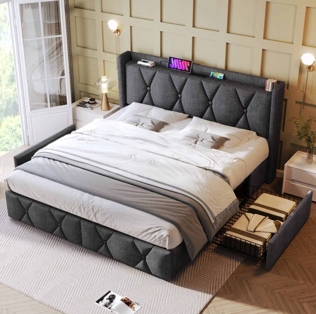 Letto matrimoniale imbottito 160x200 cm grigio con 4 cassetti e USB