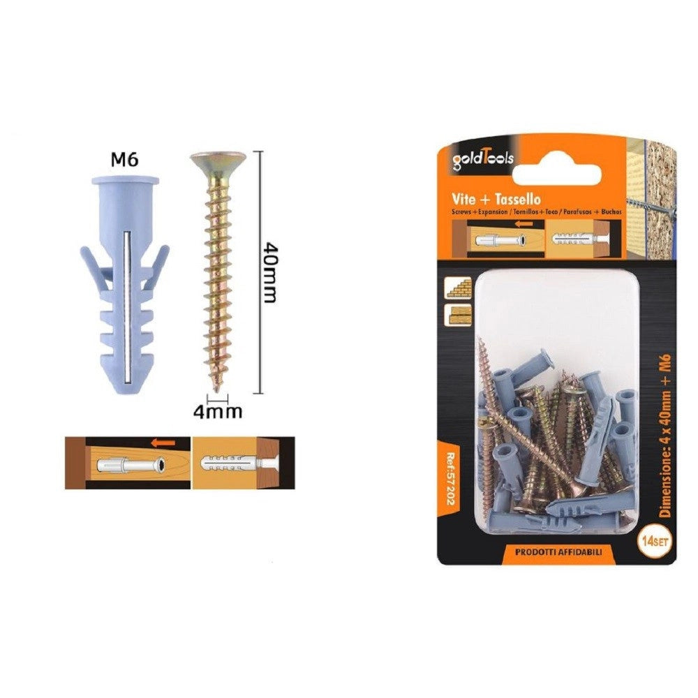 Trade Shop - Set 14 Pezzi Viti Vite 4 X 40 Mm + Tasselli Con Alette Tassello M6 Fischer 57202 -