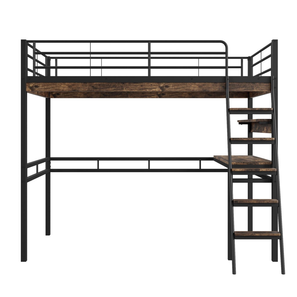 Letto a soppalco 90x200 cm con scrivania e ripiani; struttura in metallo nero (Senza materasso)
