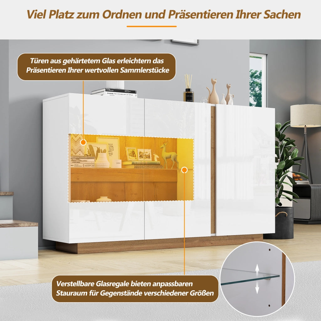 Credenza con 3 ante; illuminazione LED e inserti in vetro - 138x38.5x90.5 cm - bianco