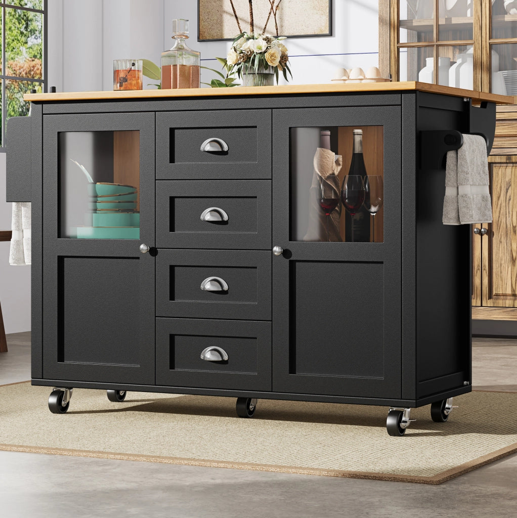 Isola cucina pieghevole con ruote, 4 cassetti, nera