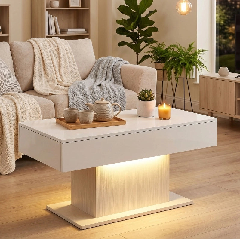 Tavolino da caffè con luci LED RGB; 2 cassetti; finitura lucida; legno ingegnerizzato; bianco