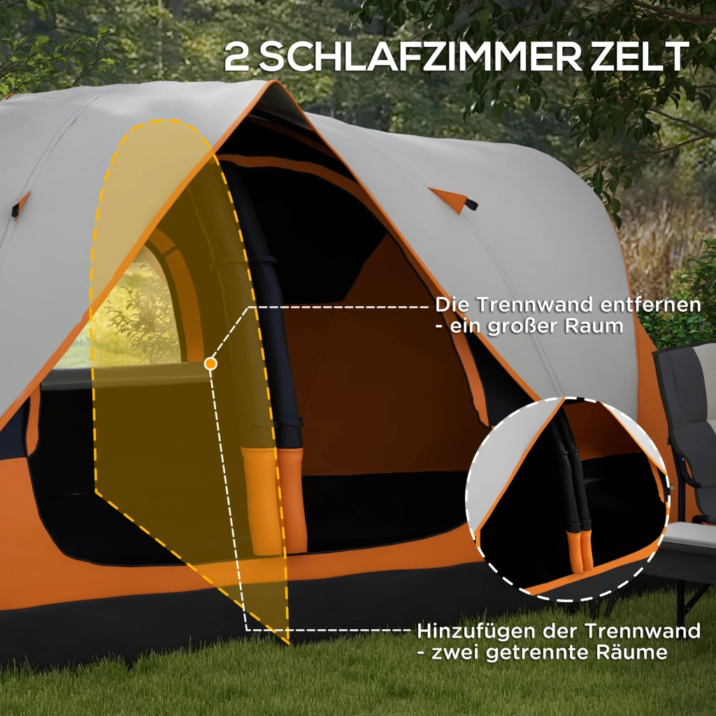 Tenda da campeggio; tenda a tunnel per 8 persone; con gancio per luce; finestra a rete; 2 stanze; tenda familiare ultravento con borsa da trasporto; tenda gruppo idropellente da 2000mm per il campeggio; giardino; arancione