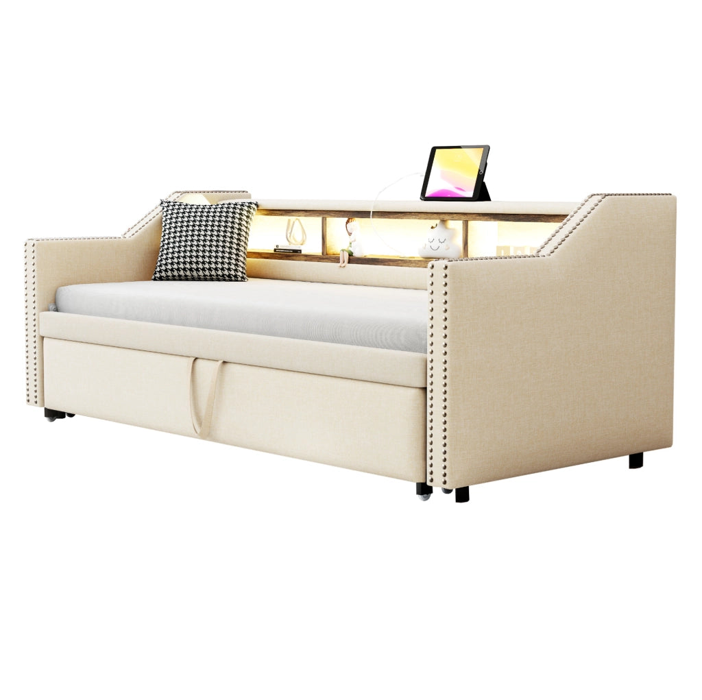 Divano letto imbottito estraibile 90/180 x 190 cm con LED; USB; rete a doghe e 2 materassi beige
