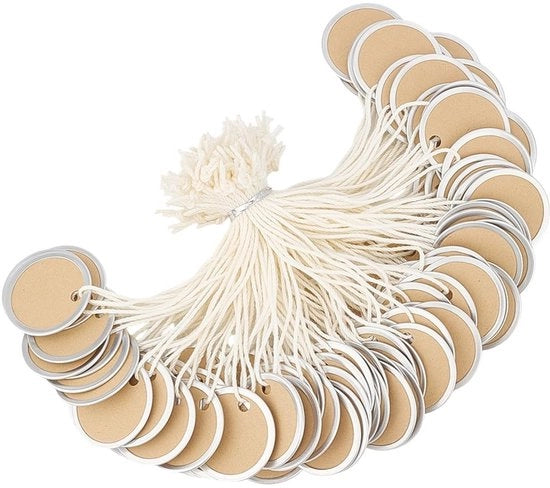 Etichette per articoli manufatti 100 pezzi - Etichette rotonde con cordino - Etichette bianche - Etichette con marchio arancione - Resistenti alle abrasioni - Adatti per articoli manufatti