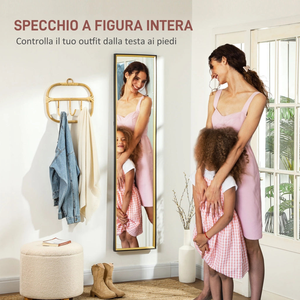 Specchio da Parete o da Terra Autoportante a Figura Intera 37x3x157 cm in Legno Nero e Oro